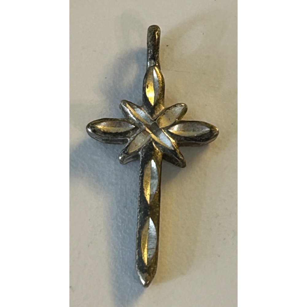 Vtg Sterling Silver 925‎ Cut Cubist Style CROSS Charm / Pendant 1 1/4"